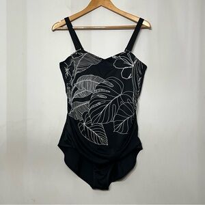 Susan Graver Swimsuit One Piece Ruching Tummy Control Black Floral Padded 14